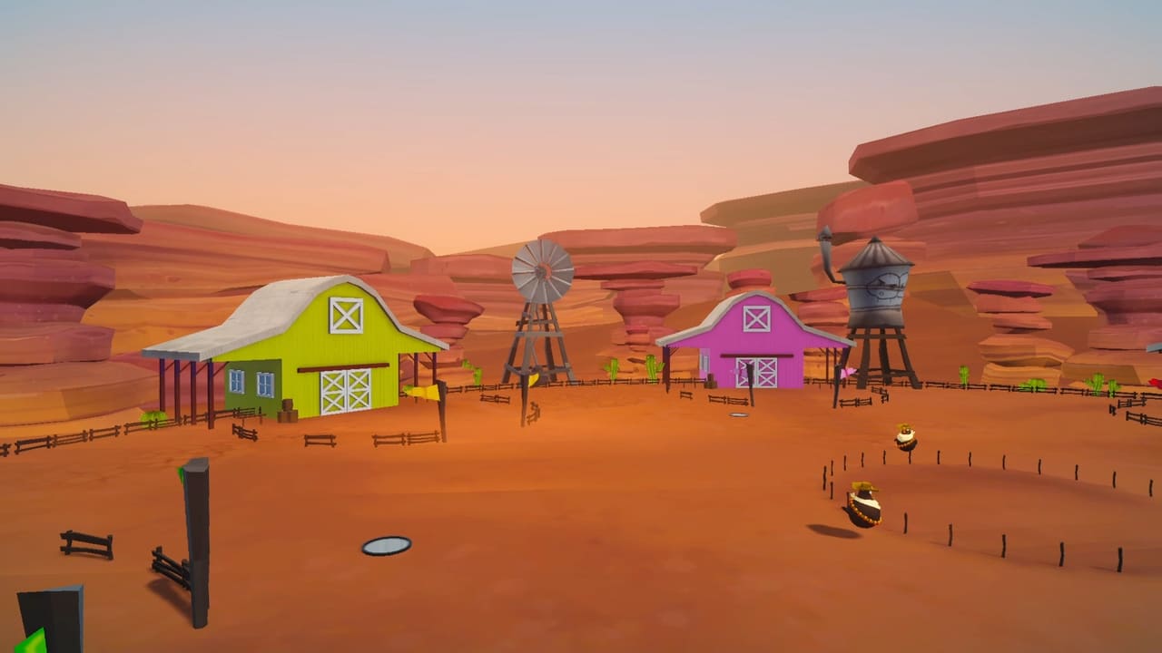 Captura de Chicken Hunt: la granja del desierto con los dos corrales enfrentados y gallinas sueltas