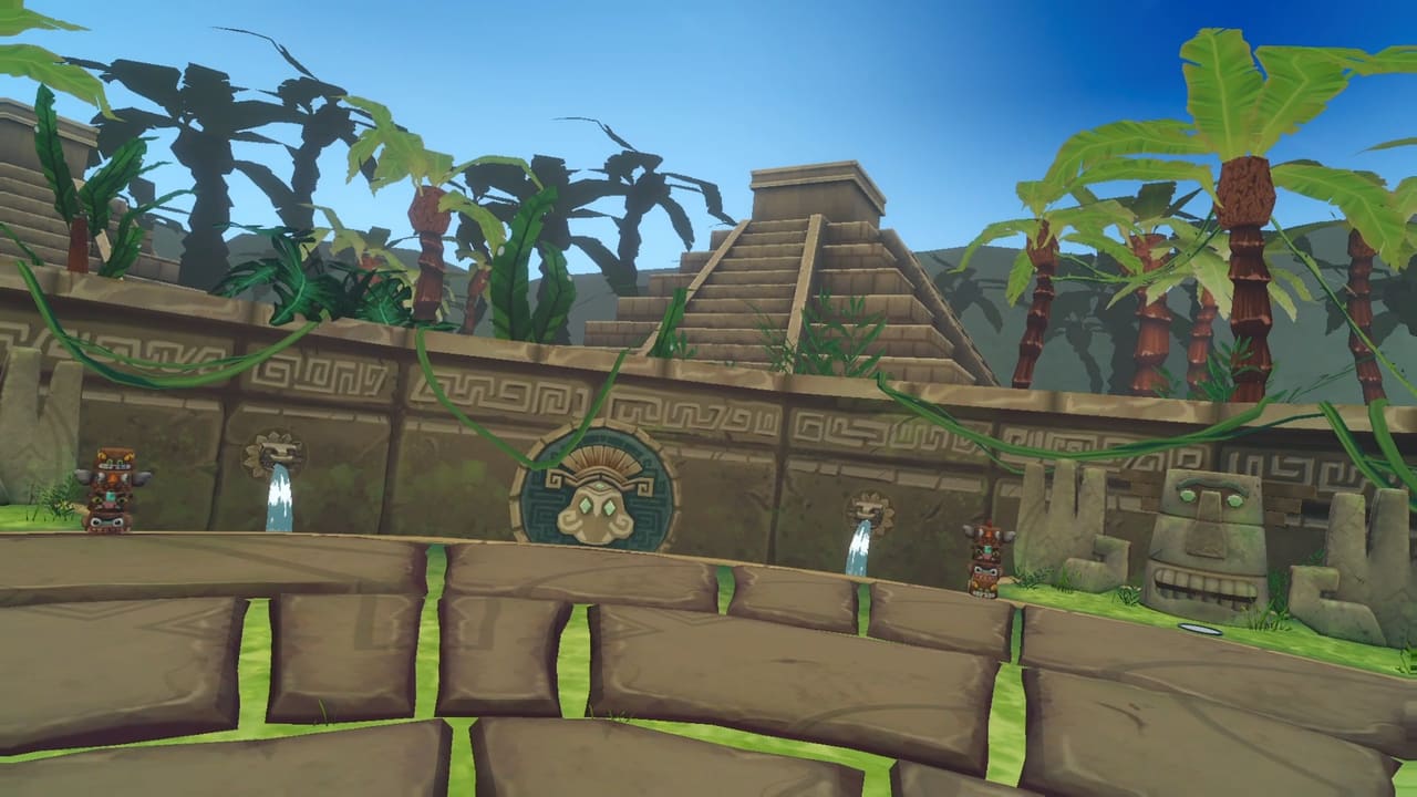 Captura de Chicken Target: la arena de anillos giratorios frente al templo azteca