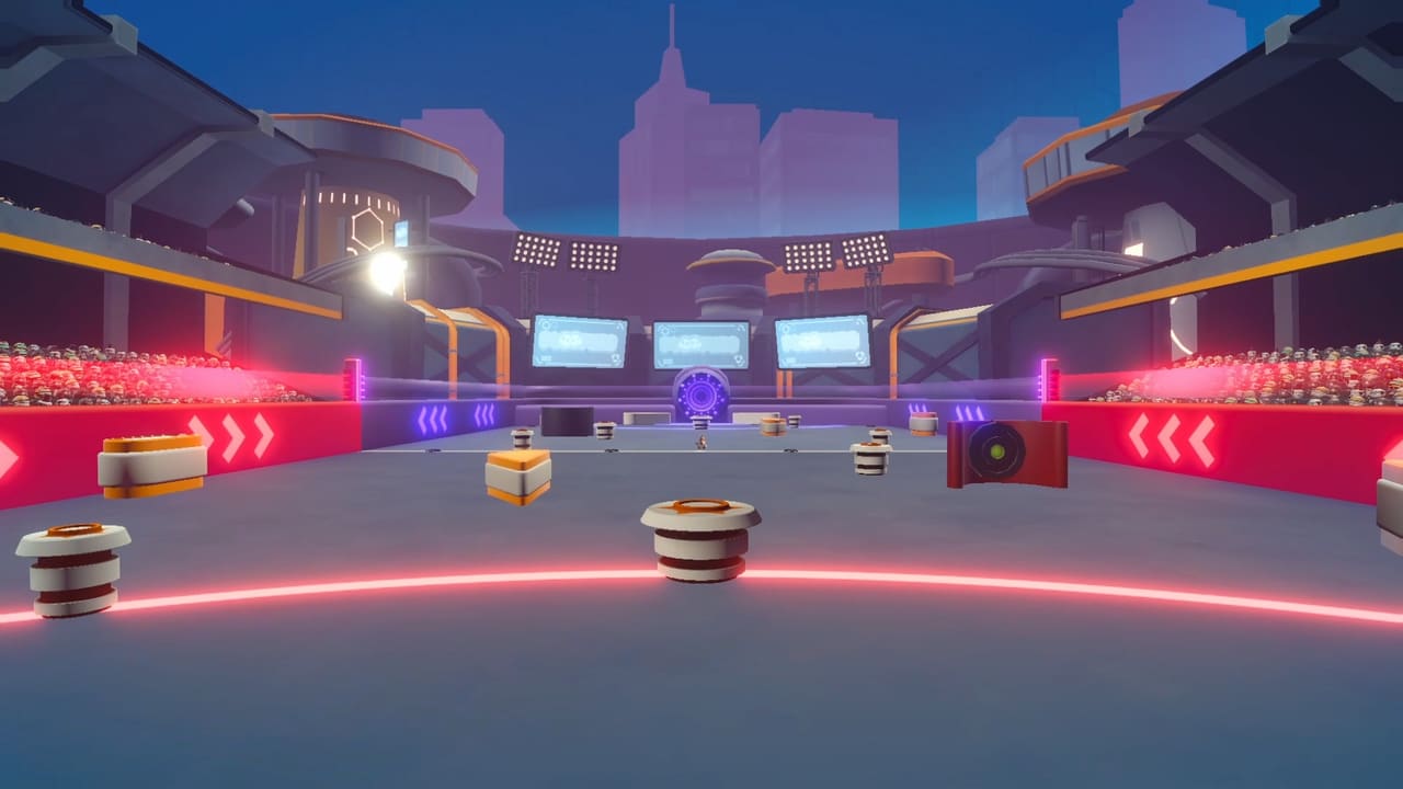 Captura de Football: el estadio futurista de pinball, con sus parachoques repartidos por el campo y la ciudad al fondo