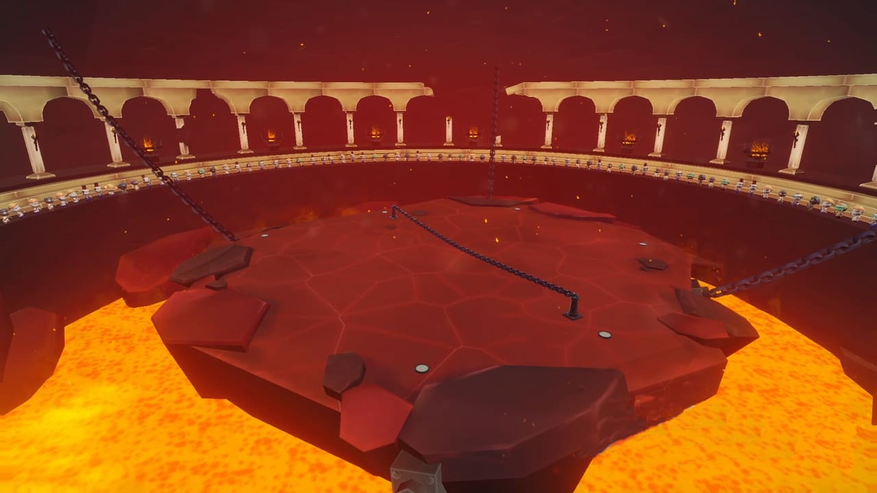 Captura de Hot Ploomie: la plataforma del coliseo suspendida por cadenas sobre un lago de lava