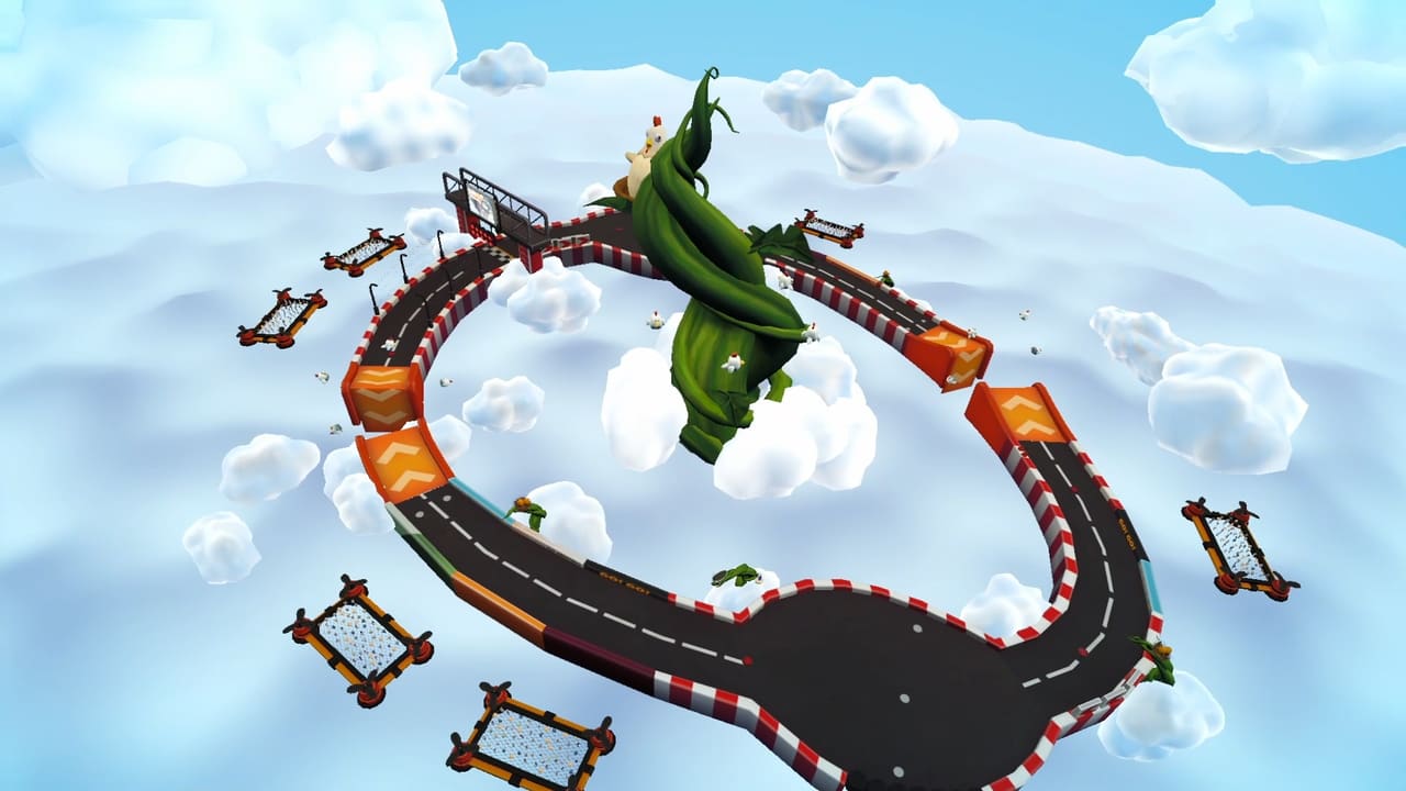 Captura de Sky Race: el circuito flotando entre nubes con gallinas volando alrededor
